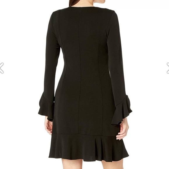 Karen Kane Black Sienna Dress Ruffle Hem Bell Sleeves V-Neckline - Picture 4 of 16